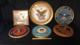 5) ROUND MILITARY PLAQUES.