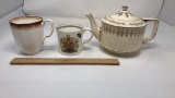 SADLER TEAPOT WITH ROYAL ALBERT & AYNSLEY TEACUPS