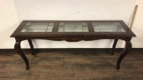 WOOD & STAINED GLASS SOFA TABLE.