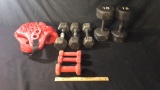SET OF BARBELLS & OTHER SPORTS GEAR