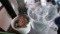 PLASTIC DRINK DISPENSER & BUCKET OF SILVEWARE.