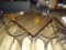 DISTRESSED RETAURANT TABLE & 4 METAL CHAIRS.