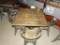 DISTRESSED RETAURANT TABLE & 4 METAL CHAIRS.