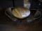 DISTRESSED ROUND RETAURANT TABLE & 2 METAL CHAIRS.