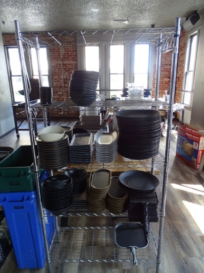 NSF Metal Shelving with Restaurant Serving Ware.