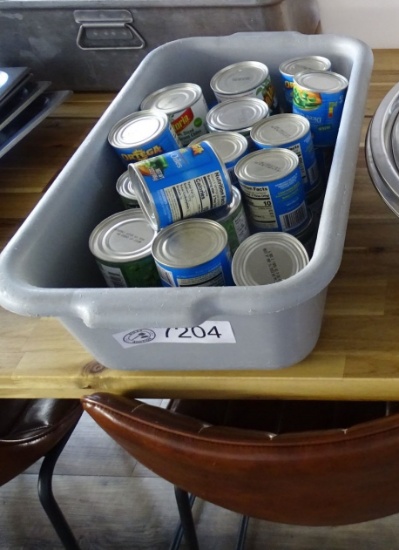 PLASTIC TUB OF CANNED GREEN CHILIES.