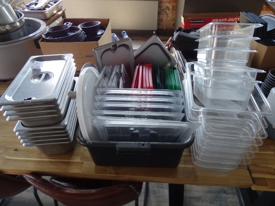 METAL CHAFFING DISHES AND FOOD STORAGE CONTAINERS.