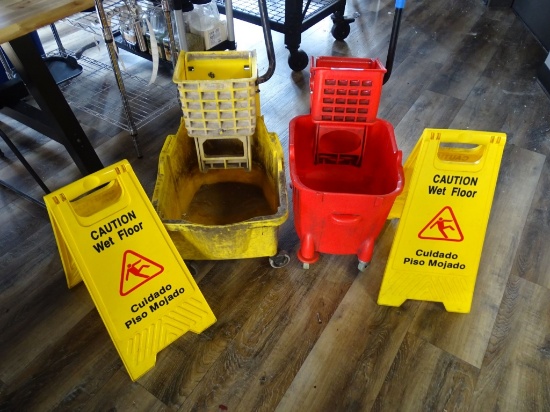 2) MOP BUCKETS & 2) WET FLOOR SIGNS