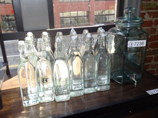 18) GLASS WATER SERVING BOTTLES & SERVING PITCHER