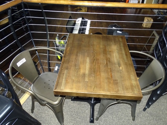 DISTRESSED RETAURANT TABLE & 2 METAL CHAIRS.