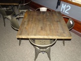 DISTRESSED RETAURANT TABLE & 4 METAL CHAIRS.