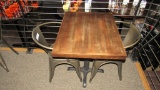 DISTRESSED RETAURANT TABLE & 2 METAL CHAIRS.