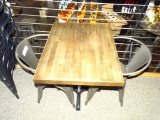 DISTRESSED RETAURANT TABLE & 2 METAL CHAIRS.