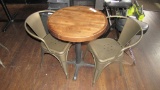 DISTRESSED ROUND RETAURANT TABLE & 2 METAL CHAIRS.