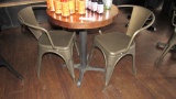 DISTRESSED ROUND RETAURANT TABLE & 2 METAL CHAIRS.