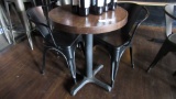 DISTRESSED ROUND RETAURANT TABLE & 2 METAL CHAIRS.