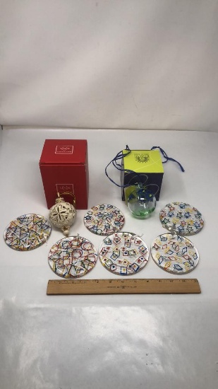 LENOX CERAMIC ORNAMENT, & 7) GLASS ORNAMENTS