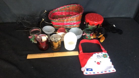 8) TEA CANDLE HOLDERS AND WHICKER SLEIGH