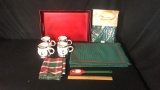 4) NOVELTY MUGS, SERVING TRAY, & TABLE LINEN