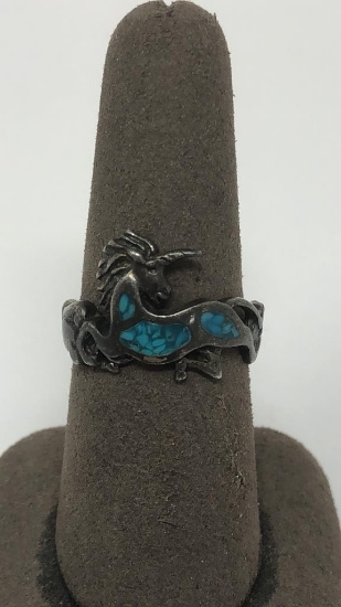 STERLING SILVER & TURQUOISE UNICORN RING 5G.