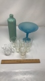 BLUE FROSTED BOWL, 6) GLASSES, CREAMER, & JUG