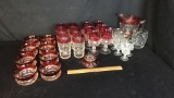 32) CRANBERRY RED & CLEAR GLASS THUMBPRINT GLASSES