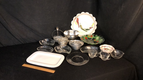 CERAMIC, GLASS, SILVERPLATED TRAYS, GLASSES & MORE