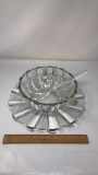 RIBBED GLASS SERVING BOWL WITH TRAY & SPOONS