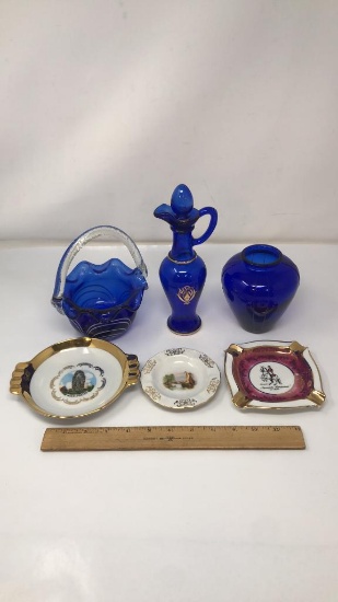 6)MARYLAND GLASS, COBALT BLUE & FINE CHINA ASHTRAY