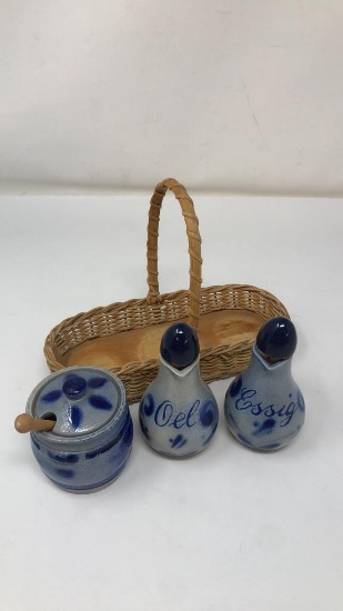 GERMAN SALT GLAZE OIL, VINEGAR, & SALT CRUET SET