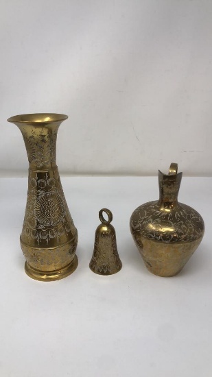 3) SOLID BRASS PITCHER, VASE, & BELL FROM INDIA