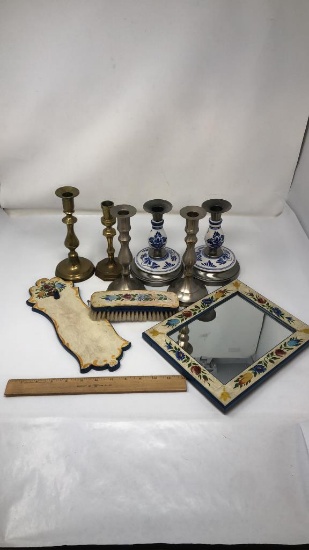 8)VINTAGE CLOTHING BRUSH & MIRROR & CANDLE HOLDERS