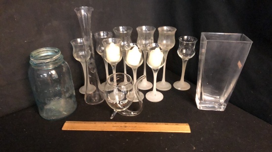 13)LONG STEM CANDLE HOLDERS, WINE SIPPY CUP & MORE