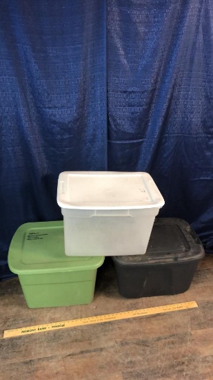 3) PLASTIC STORAGE TOTES WITH LIDS