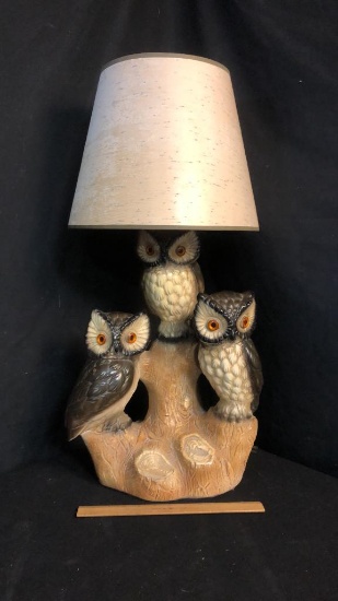 MID CENTRY MODERN TRIPLE OWL LAMP WITH DRUM SHADE