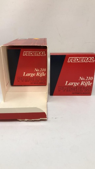 1) BOX OF FEDERAL NO 210 LARGE RIFLE PRIMERS.