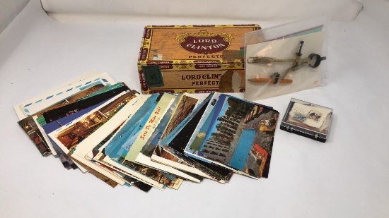 LORD CLINTON CIGAR BOX, STAMPS, POST CARDS & MORE