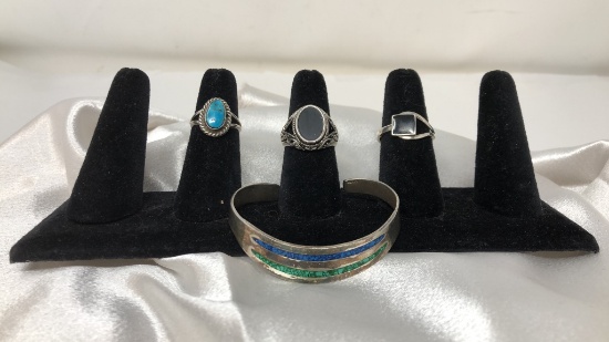 STERLING & TURQUOISE INLAY RINGS & BRACELET 30G