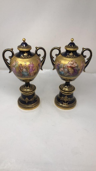 ROYAL VIENNA STYLE ORNATE URN VASE PAIR