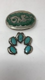 SILVER TONE DRAGON BELT BUCKLE & TURQUOISE PENDANT