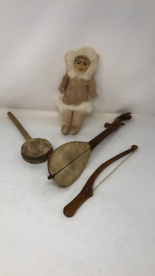 INUIT DOLL, GUSLE STRING INSTRUMENT, & SPIN DRUM