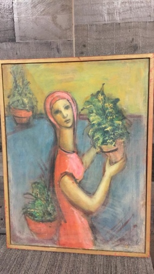 WOMAN WITH POTTED PLANTS ORIGINAL OIL PAINTING