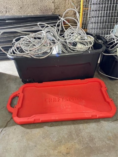 LARGE PLASTIC TUB FULL OF ELECTRICAL OUTLETS.