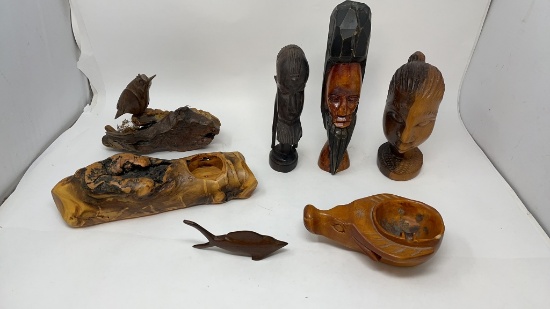 CARVED WOOD DECOR AND FIGURE HEADS