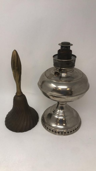 ANTIQUE KEROSENE LAMP & BRASS HAND BELL