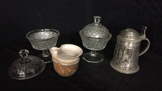 PEDESTAL COMPOTES, PEWTER STEIN, & POTTERY