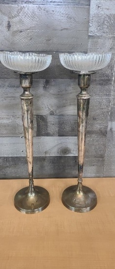 PAIR SILVER PLATE CANDLE STICKS WITH GLASS BOWL