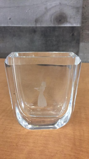 ORREFORS STYLE ETCHED CRYSTAL VASE -- SIGNED