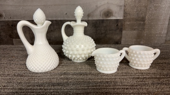 HOBNAIL MILK GLASS CRUET, SUGAR BOWL & CREAMER