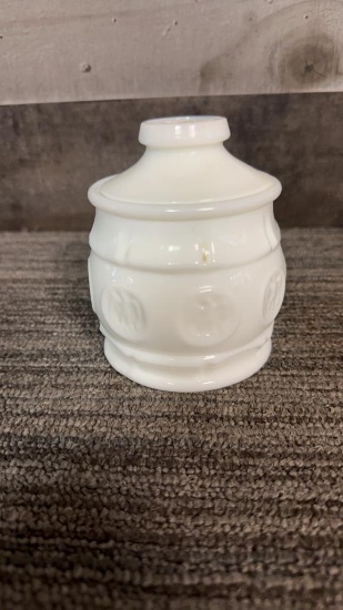 WHEATON EAGLE COIN MILK GLASS COVERED JAR